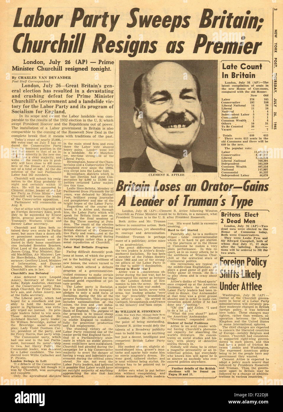 1945 New York Post Seite 3 Berichterstattung Clement Atlee gewinnt Britischen allgemeine Wahl für Arbeit Stockfoto