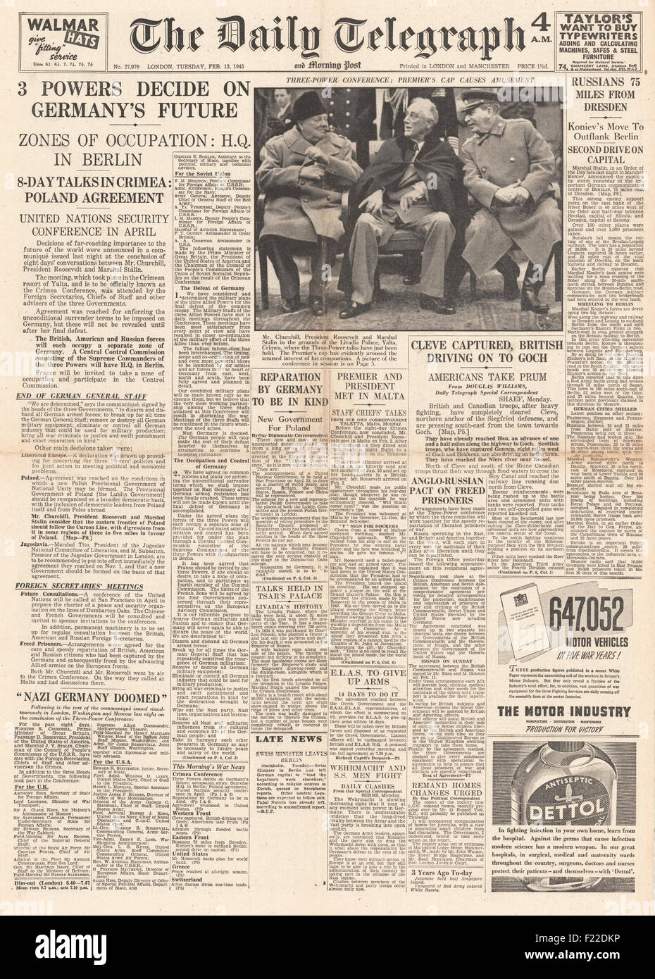 1945 daily Telegraph Titelseite Berichterstattung, Churchill, Roosevelt und Stalin zu erfüllen, für die großen drei Konferenz in Jalta Stockfoto