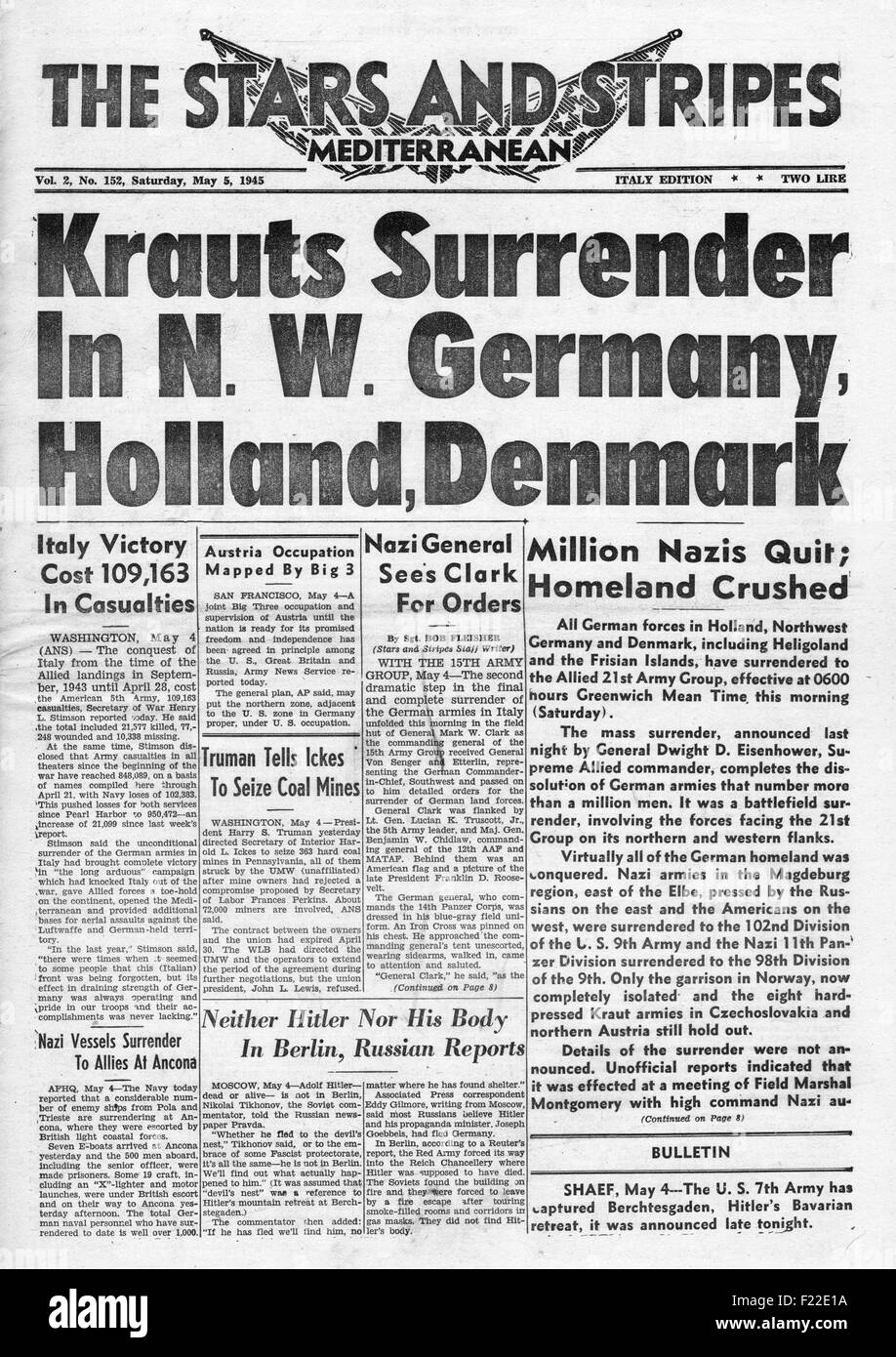 1945 Stars And Stripes (US militärische Zeitung) Titelseite Berichterstattung der deutschen Armee kapituliert in NW-Deutschland, Dänemark und Holland Stockfoto