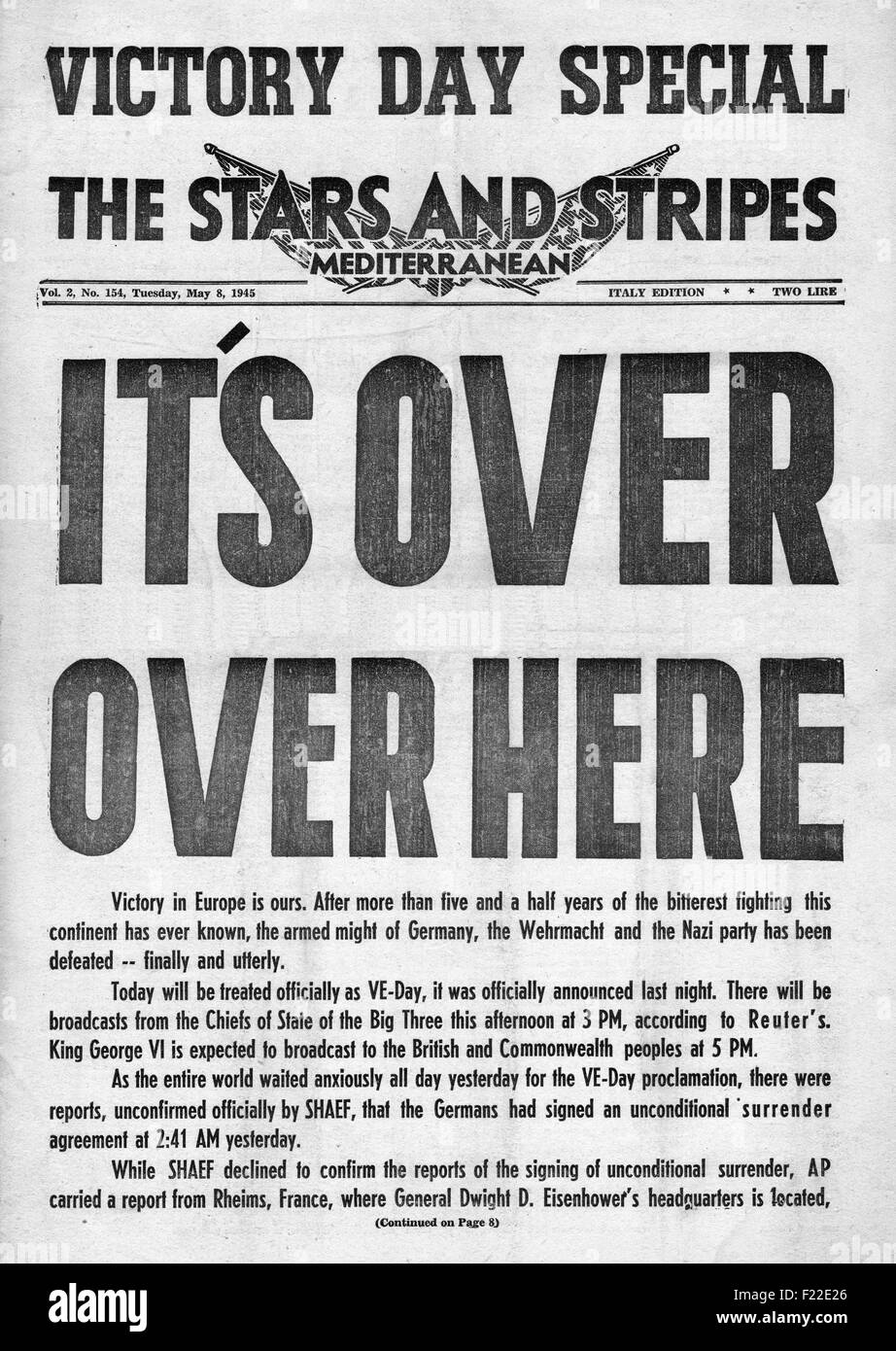 1945 Stars And Stripes (US militärische Zeitung) Titelseite Berichtstag VE Stockfoto