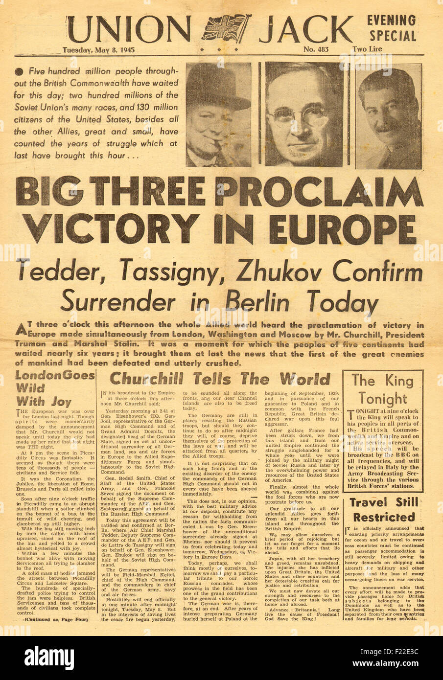 1945 Union Jack (britische militärische Zeitung) Front Seite Berichterstattung VE-Tag Stockfoto