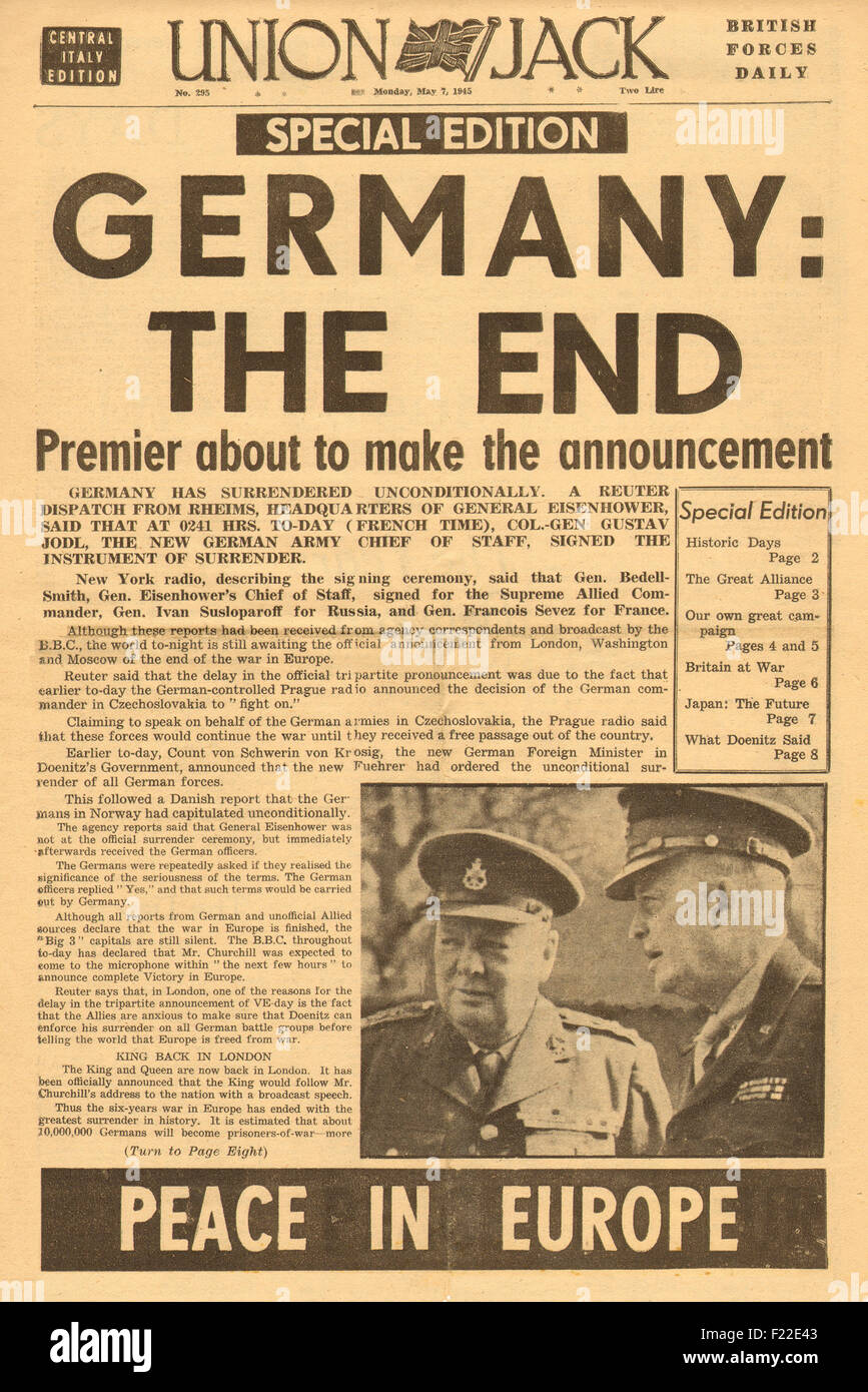1945 Union Jack (britische militärische Zeitung) Titelseite die Kapitulation der deutschen Berichterstattung Stockfoto
