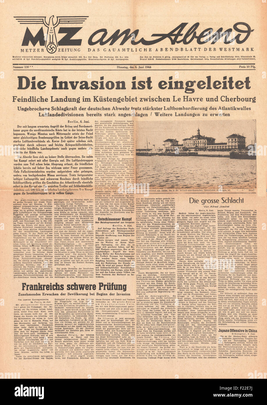 1944 Metzerzeitung Titelseite Berichterstattung d-Day Landungen der Alliierten in der Normandie Stockfoto