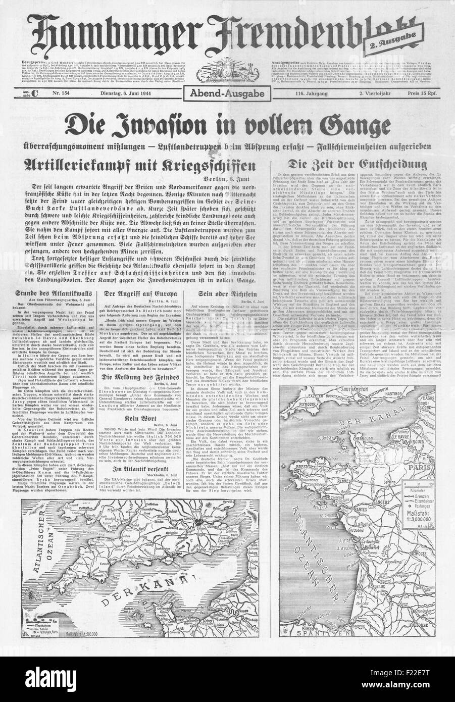 1944 Hamburger Fremdenblatt Titelseite Berichterstattung d-Day Landungen der Alliierten in der Normandie Stockfoto