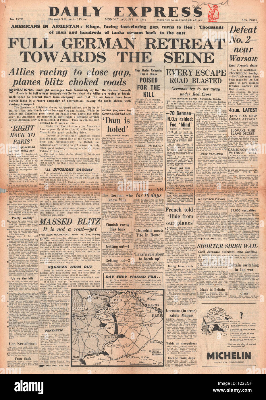 1944 daily Express Front Seite Berichterstattung Schlacht um die Normandie Stockfoto