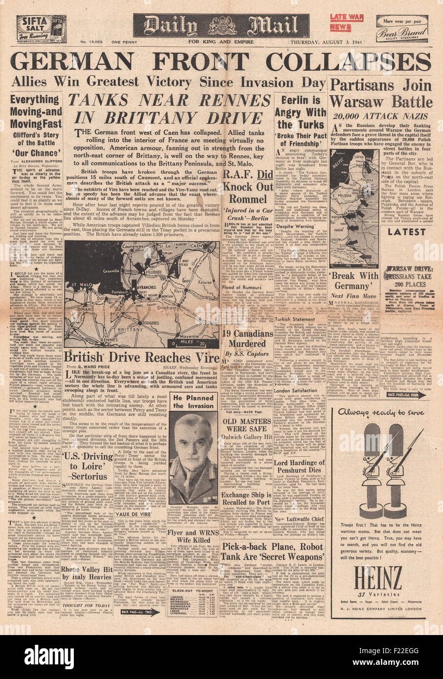 1944 Tagespost Titelseite Schlacht für Normandie und Warschau Aufstand Berichterstattung Stockfoto