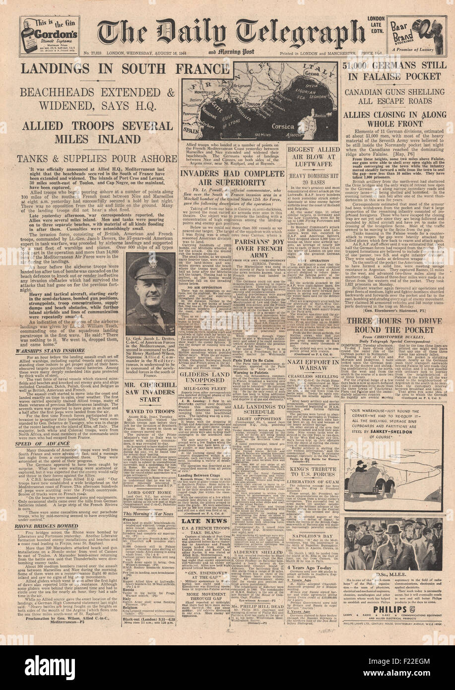 1944 daily Telegraph Titelseite Berichterstattung Verbündeten Land in Süd-Frankreich Stockfoto