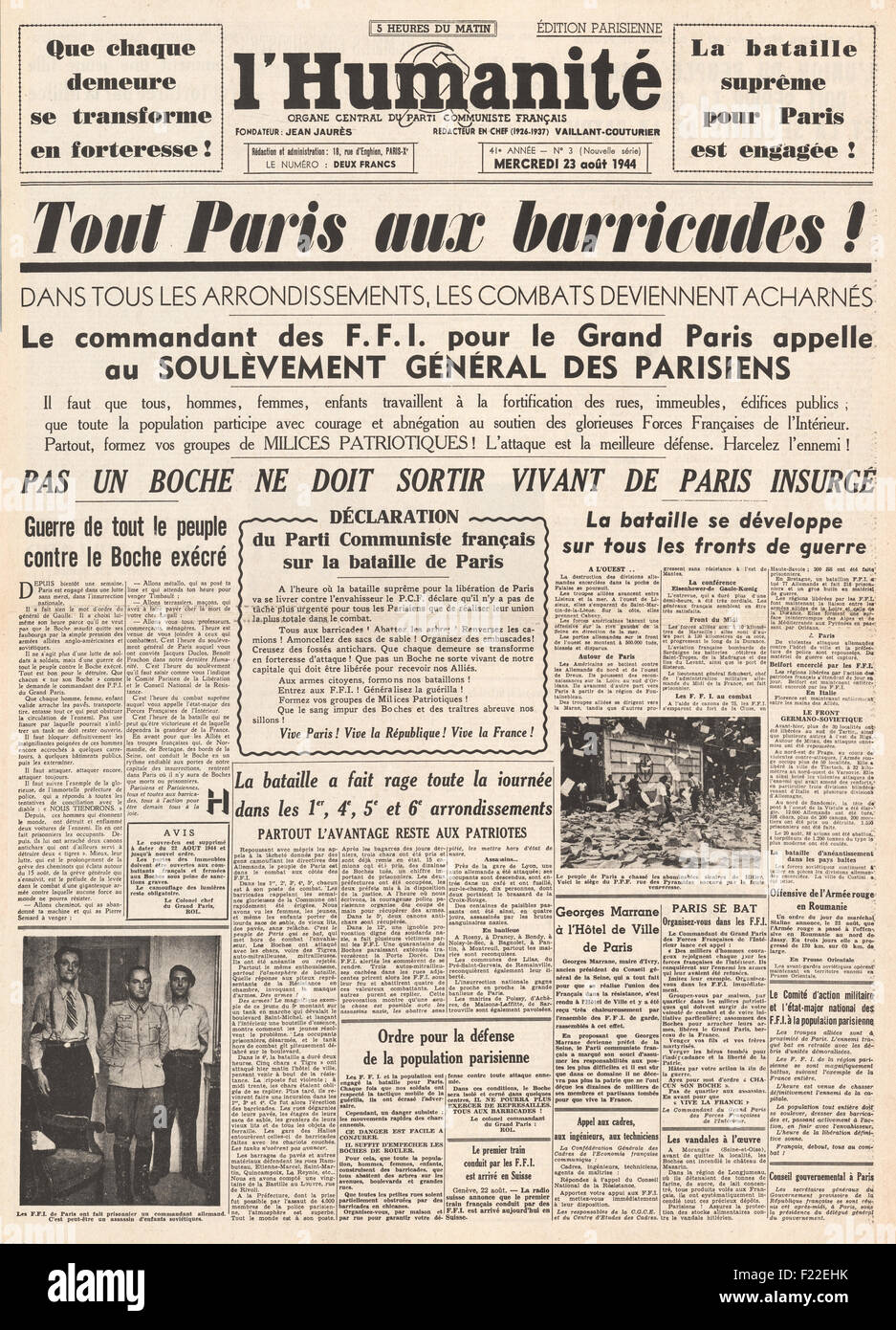 1944 L'Humanite Front Seite Berichterstattung alliierte Truppen befreien Paris Stockfoto
