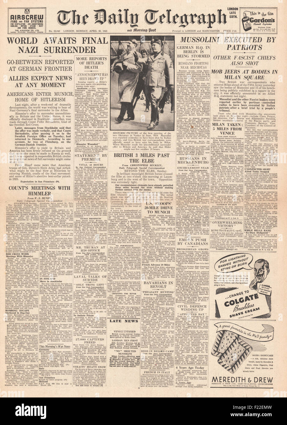 1945 Daily Telegraph Vorderseite reporting Benito Mussolini ausgeführt von Partisanen Stockfoto