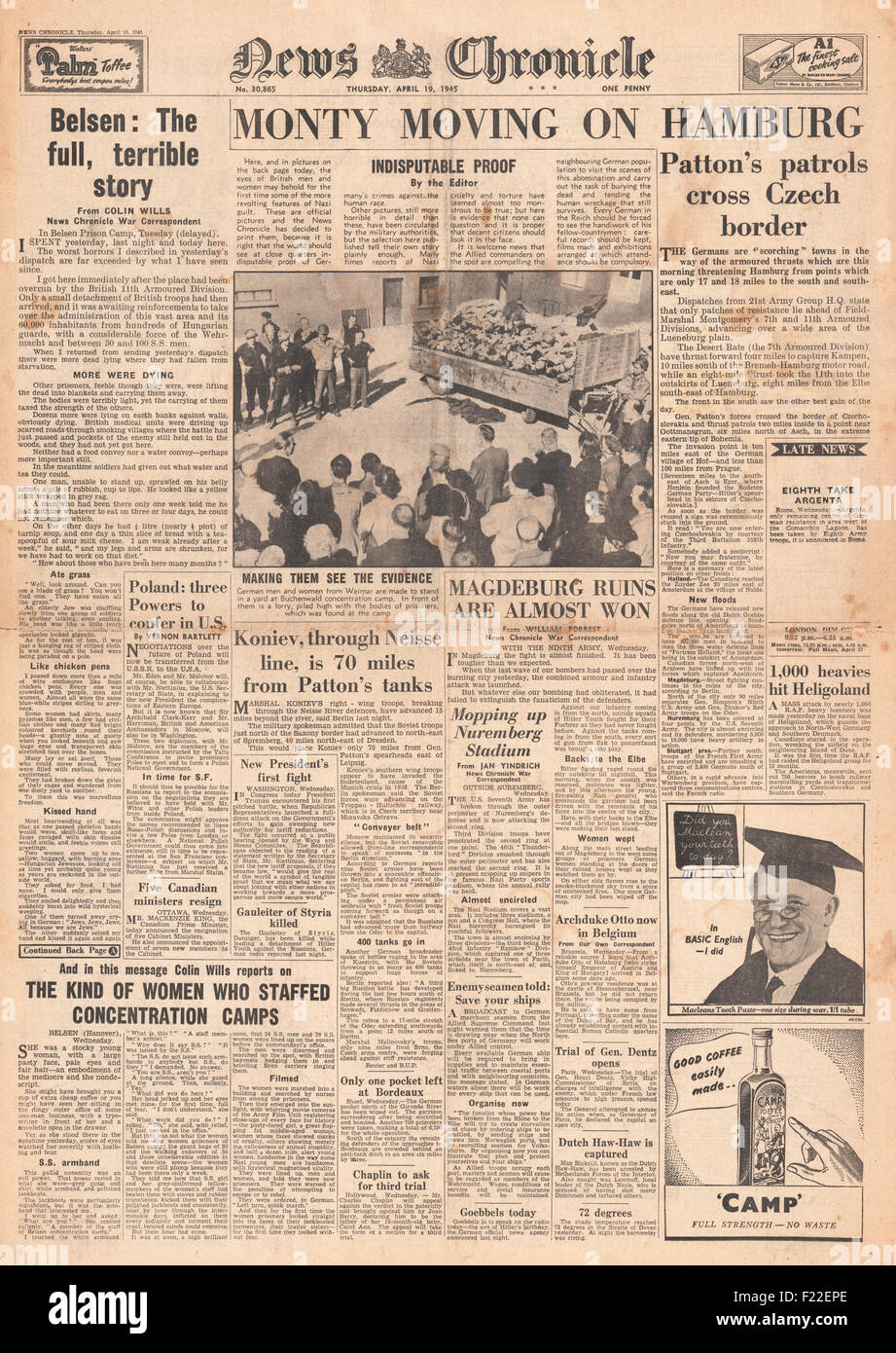 1945 News Chronicle zurück Seite Berichterstattung KZ Bergen-Belsen Stockfoto