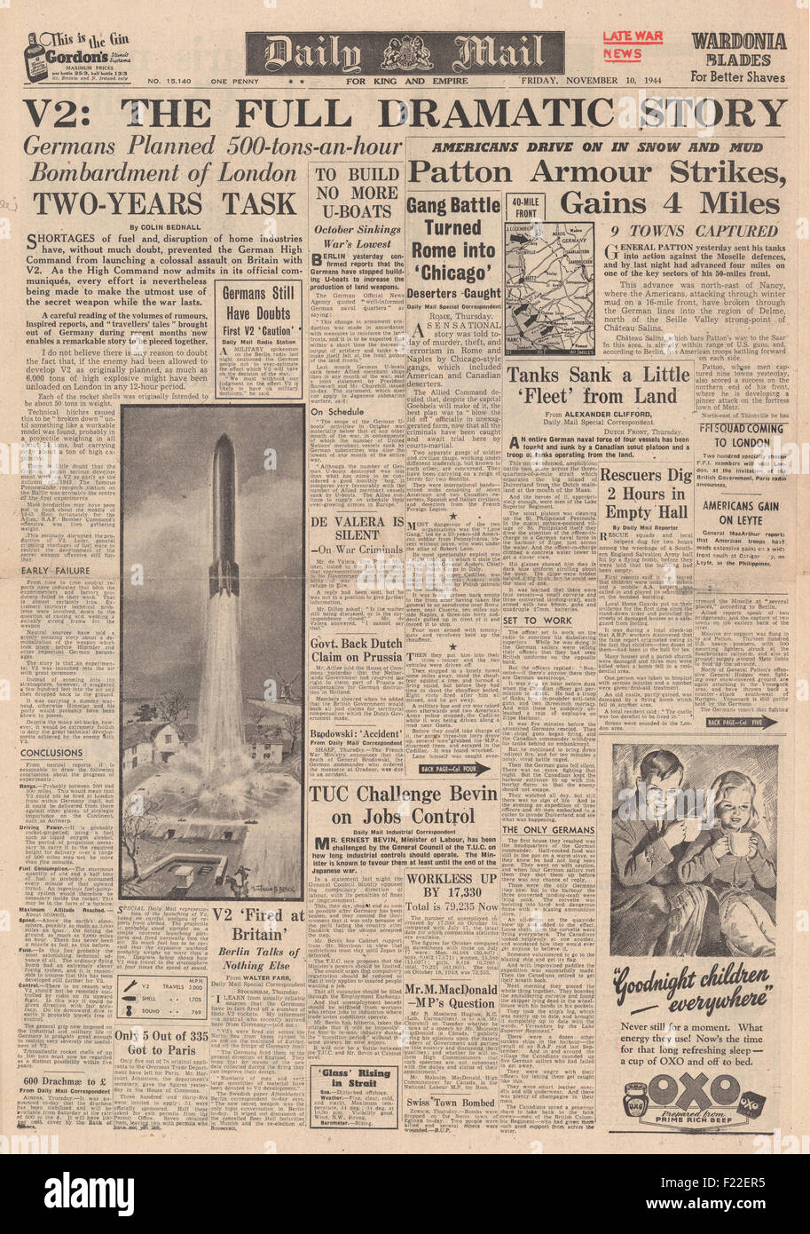 1944 Daily Mail Vorderseite Reporting V2 Rakete gegen England. Stockfoto