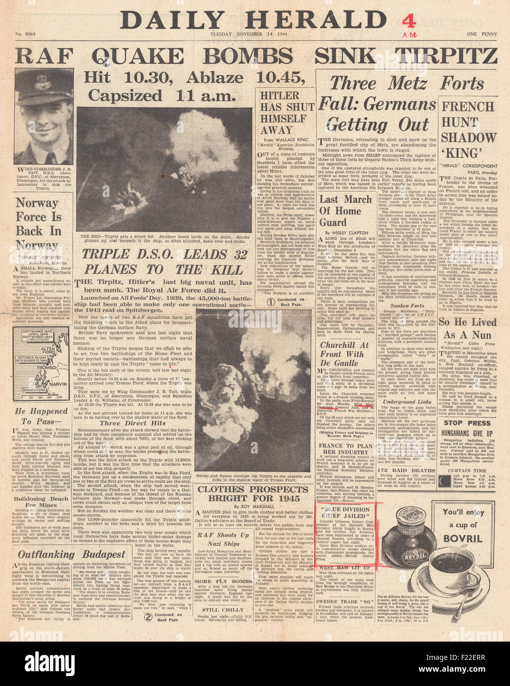 1944 daily Herald Titelseite der deutschen Schlachtschiff Tirpitz Berichterstattung RAF Lancasters sinken Stockfoto