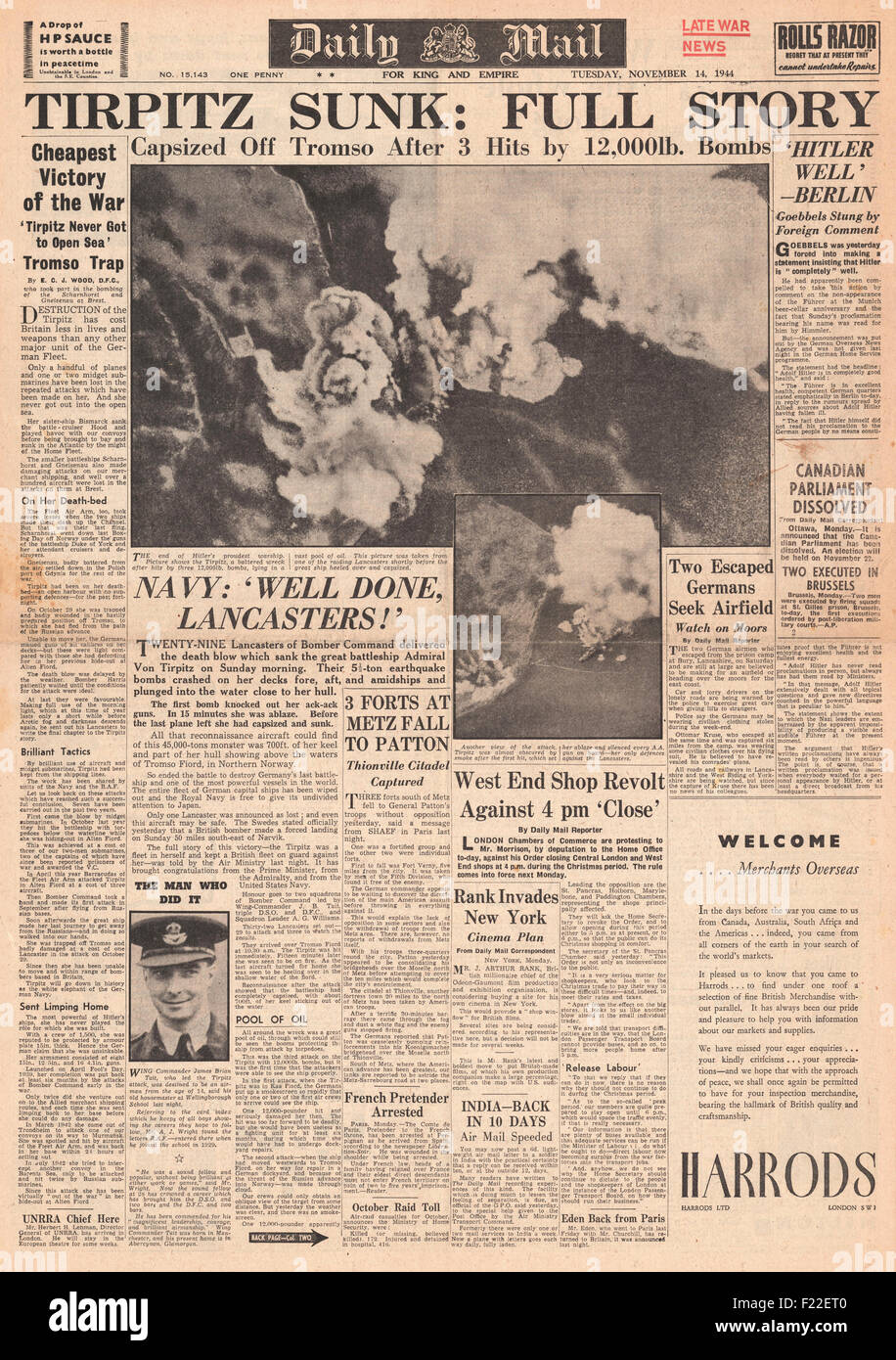 1944 Tagespost Titelseite der deutschen Schlachtschiff Tirpitz Berichterstattung RAF Lancasters sinken Stockfoto