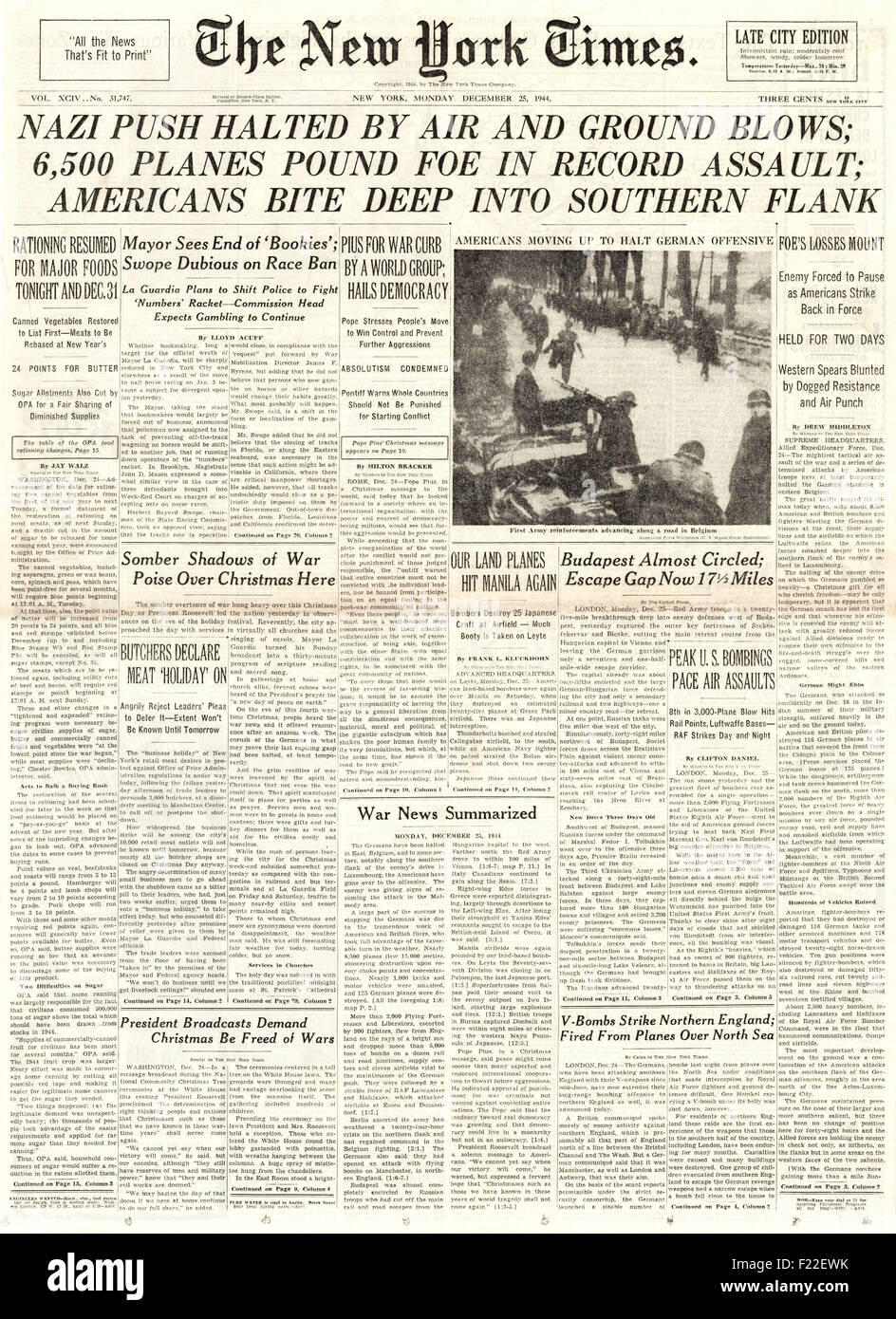 1944 New York Times Startseite Berichterstattung Schlacht der Ausbuchtung Stockfoto
