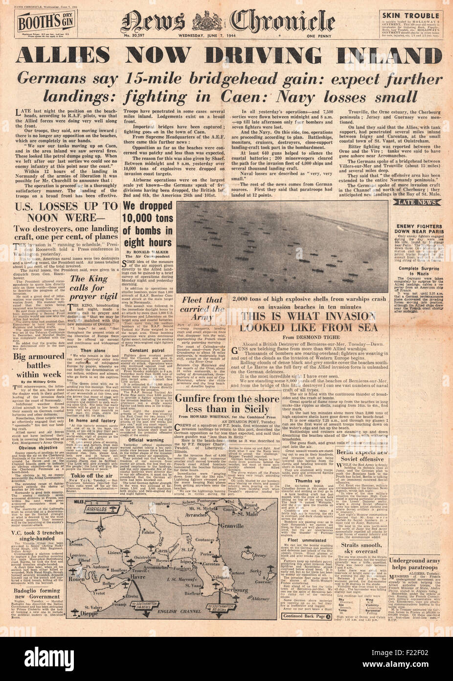 1944 News Chronicle Titelseite Berichterstattung d-Day Landungen der Alliierten in der Normandie Stockfoto