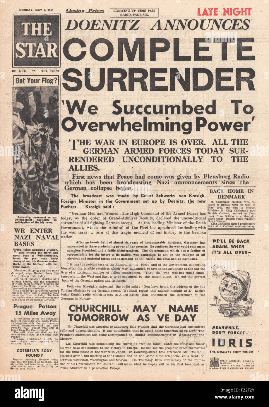 1945 die Sterne (London) Front Seite Berichterstattung Ende des Krieges in Europa als Nazi-Deutschland kapituliert Stockfoto