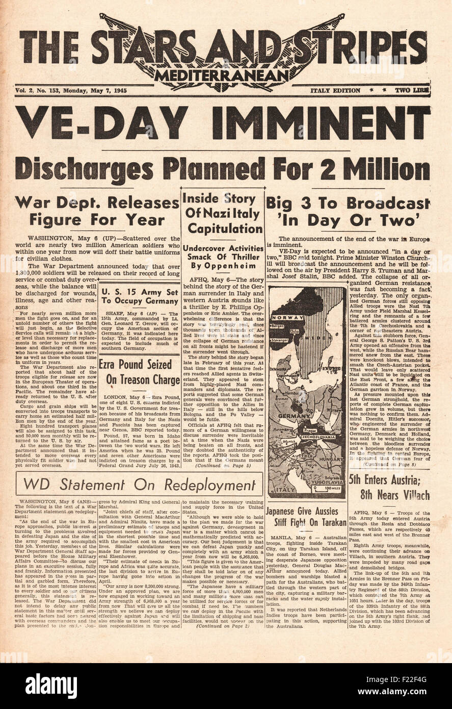 1945 Stars And Stripes (USA) Titelseite Berichterstattung Ende des Krieges in Europa als Nazi-Deutschland kapituliert Stockfoto