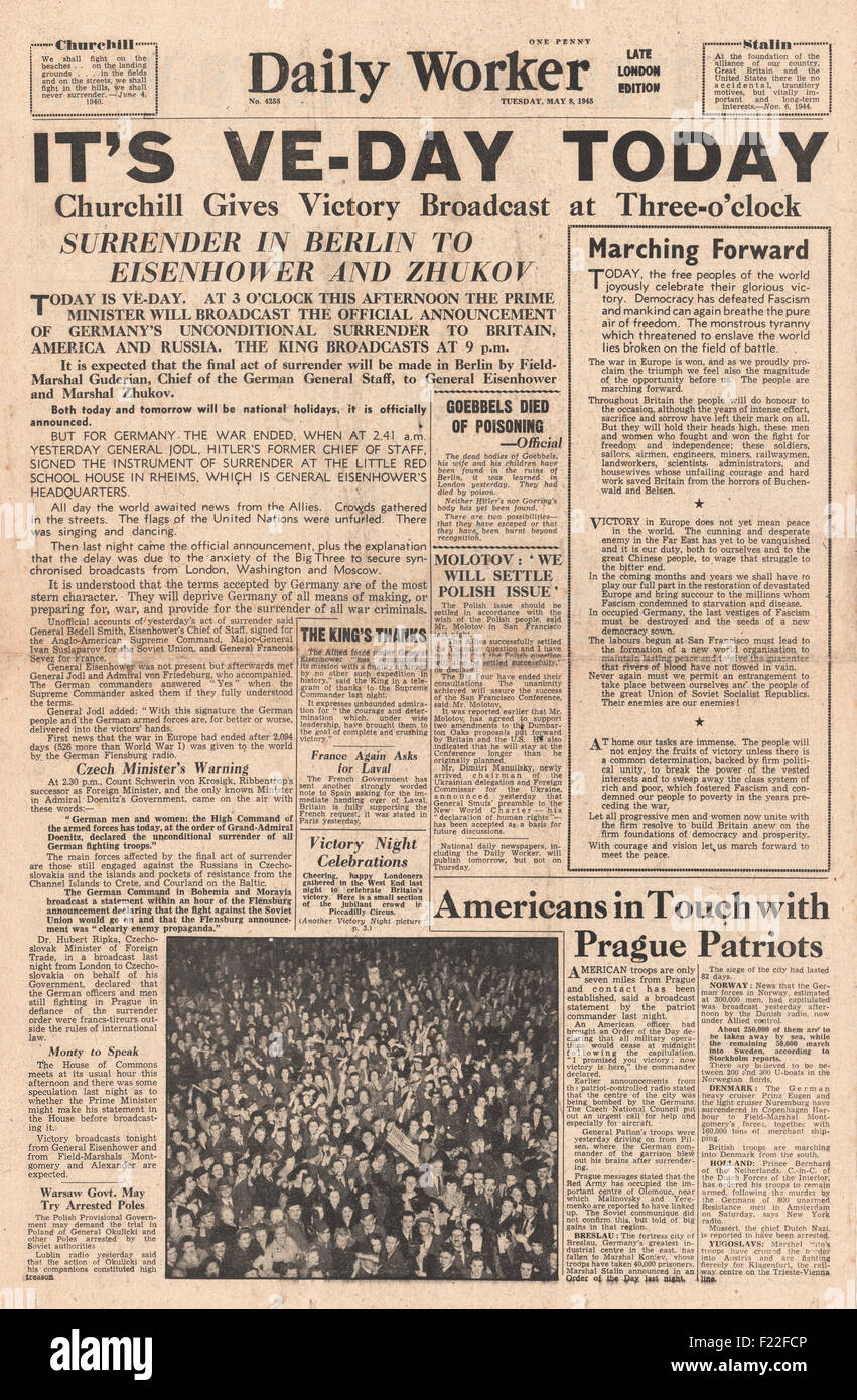 1945 daily Worker Titelseite Berichtstag VE Stockfoto
