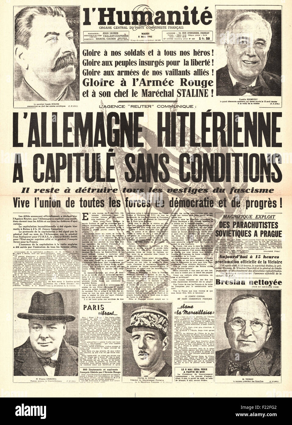 1945 L'Humanite (Frankreich) Front Seite Berichterstattung VE-Tag Stockfoto