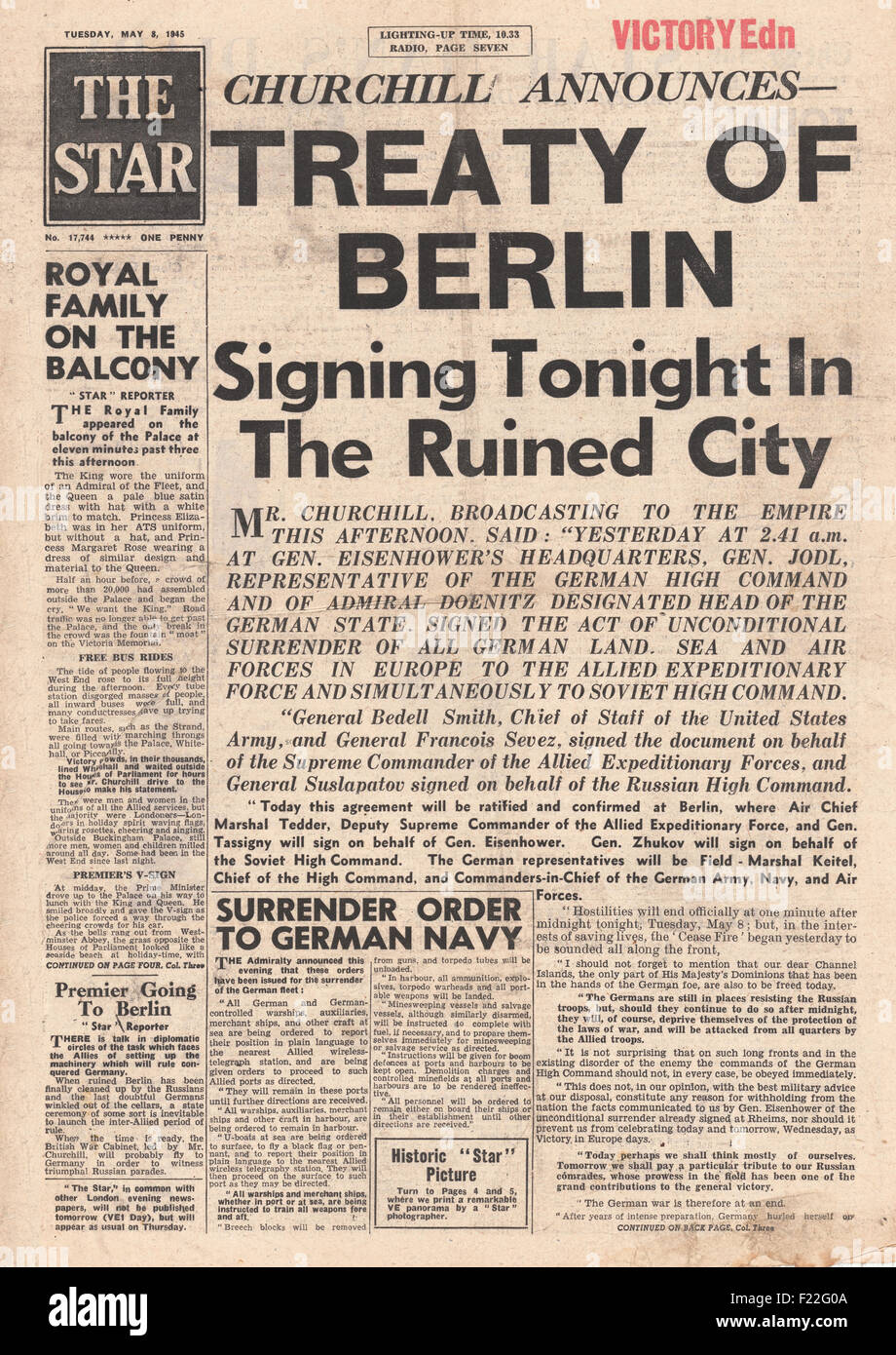 1945 die Sterne (London) Front Seite Berichterstattung VE-Tag Stockfoto