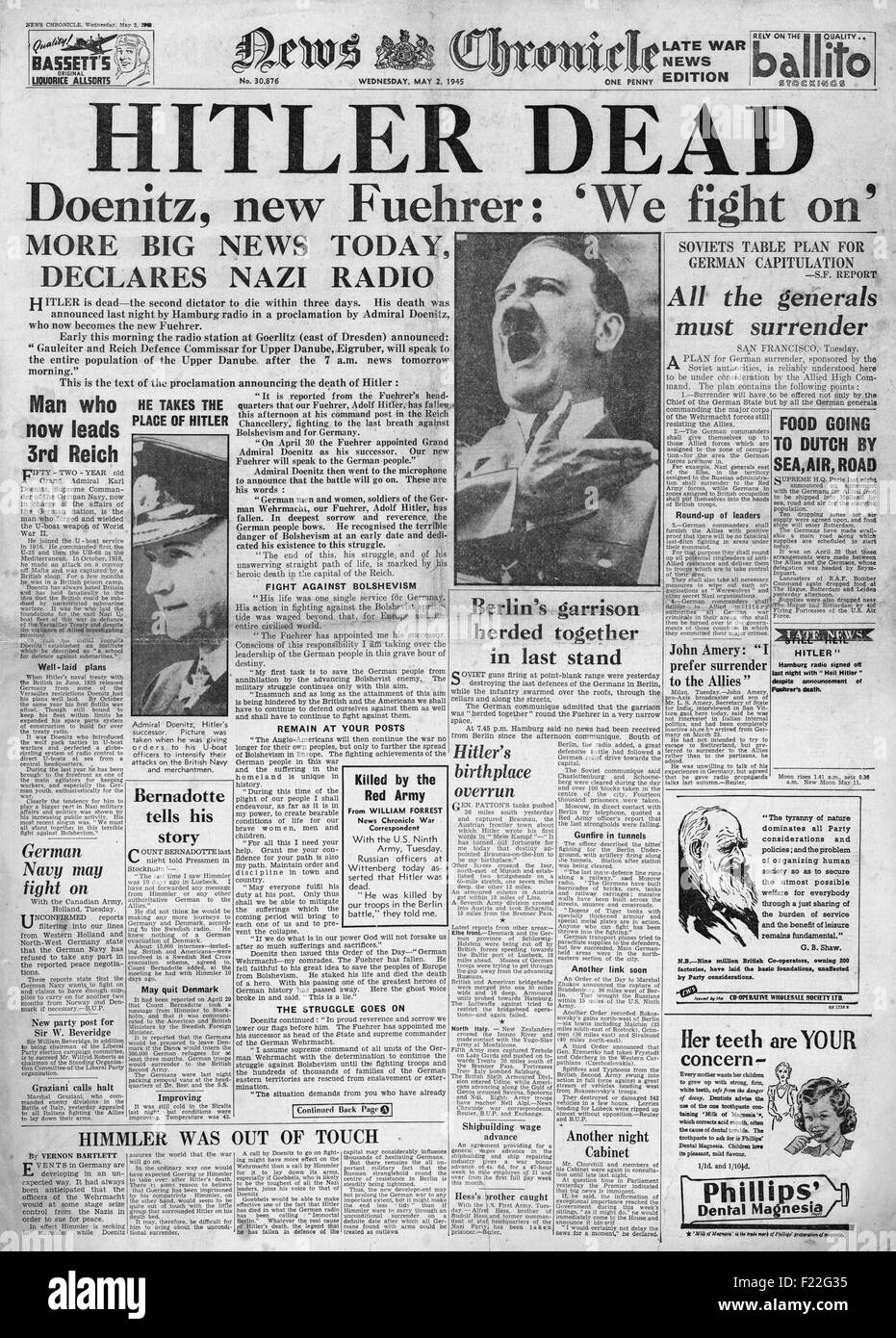 1945 News Chronicle Titelseite Berichterstattung Death of Adolf Hitler Stockfoto