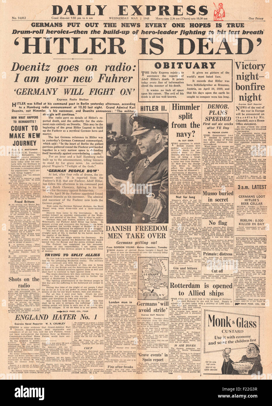 1945 daily Express Titelseite Berichterstattung Death of Adolf Hitler Stockfoto