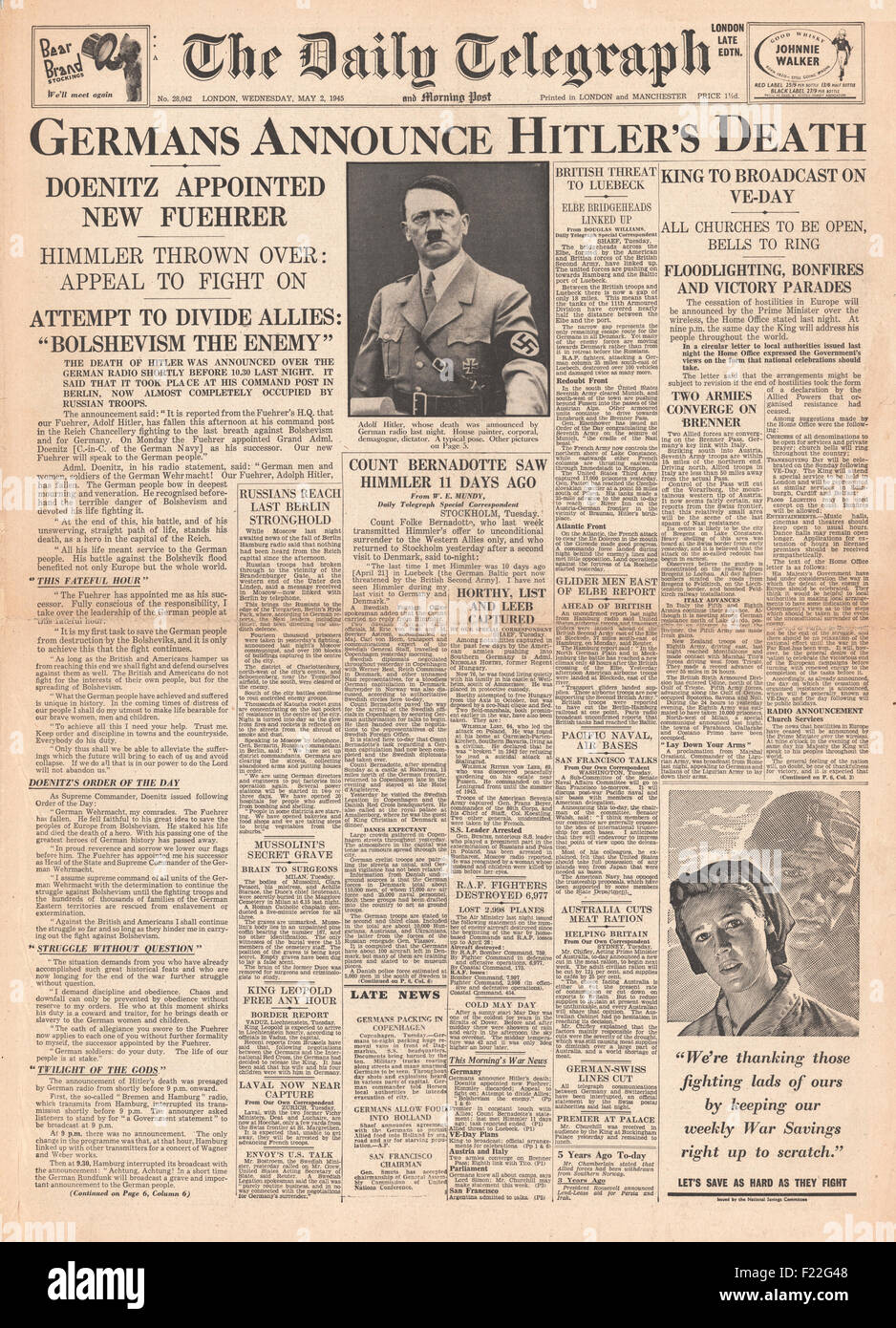 1945 daily Telegraph Titelseite Berichterstattung Death of Adolf Hitler Stockfoto