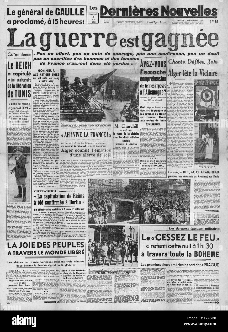 1945 Les Denières Nouvelles (Frankreich) Titelseite Berichterstattung Ende des Krieges in Europa als Nazi-Deutschland kapituliert und VE-Tag Stockfoto