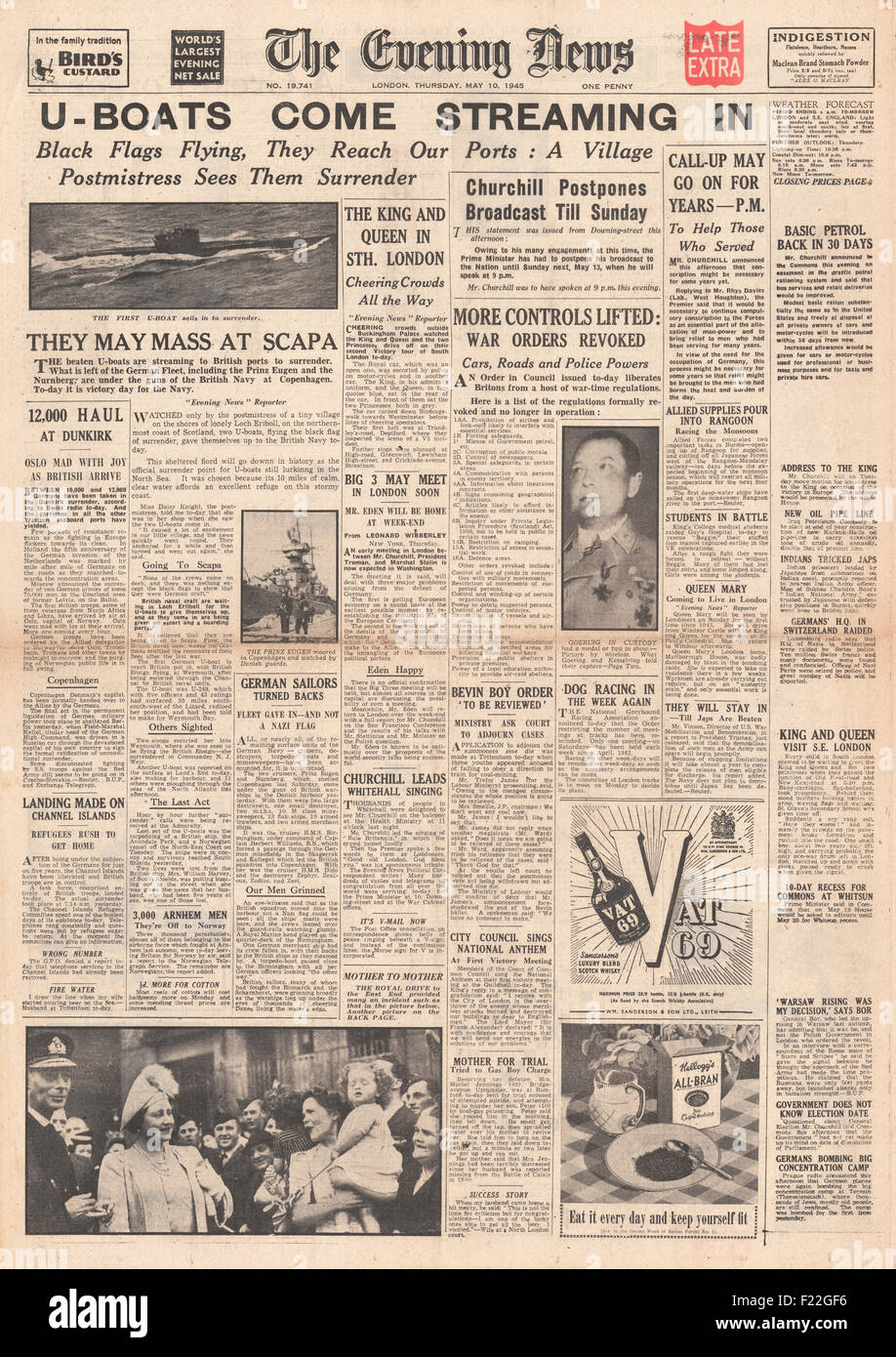 1945-Abend-Nachrichten (London) Titelseite Berichterstattung U-Boote Kapitulation in britischen Häfen Stockfoto