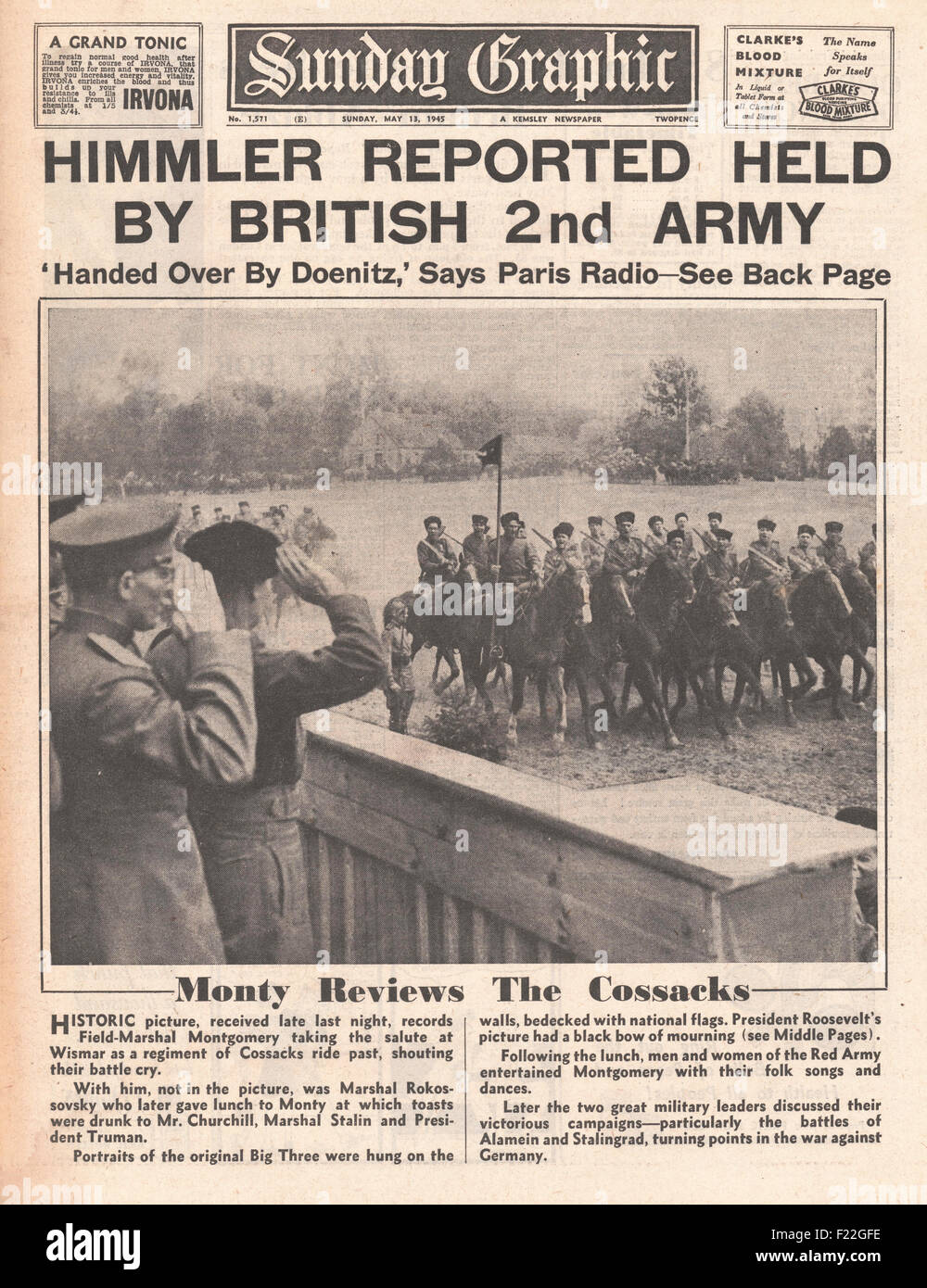 1945 Sunday Graphic Titelseite berichtet Heinrich Himmler von der britischen Armee und Feldmarschall Montgomery Bewertungen Kosakentruppen verhaftet Stockfoto