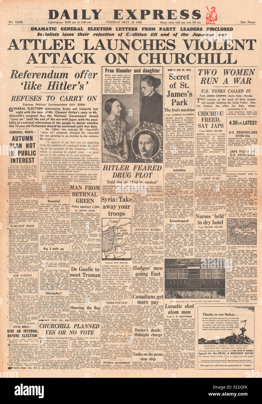 1945 daily Express Front page Berichterstattung allgemeine Wahlen angekündigt und Clement Atlee verurteilt Churchill Stockfoto