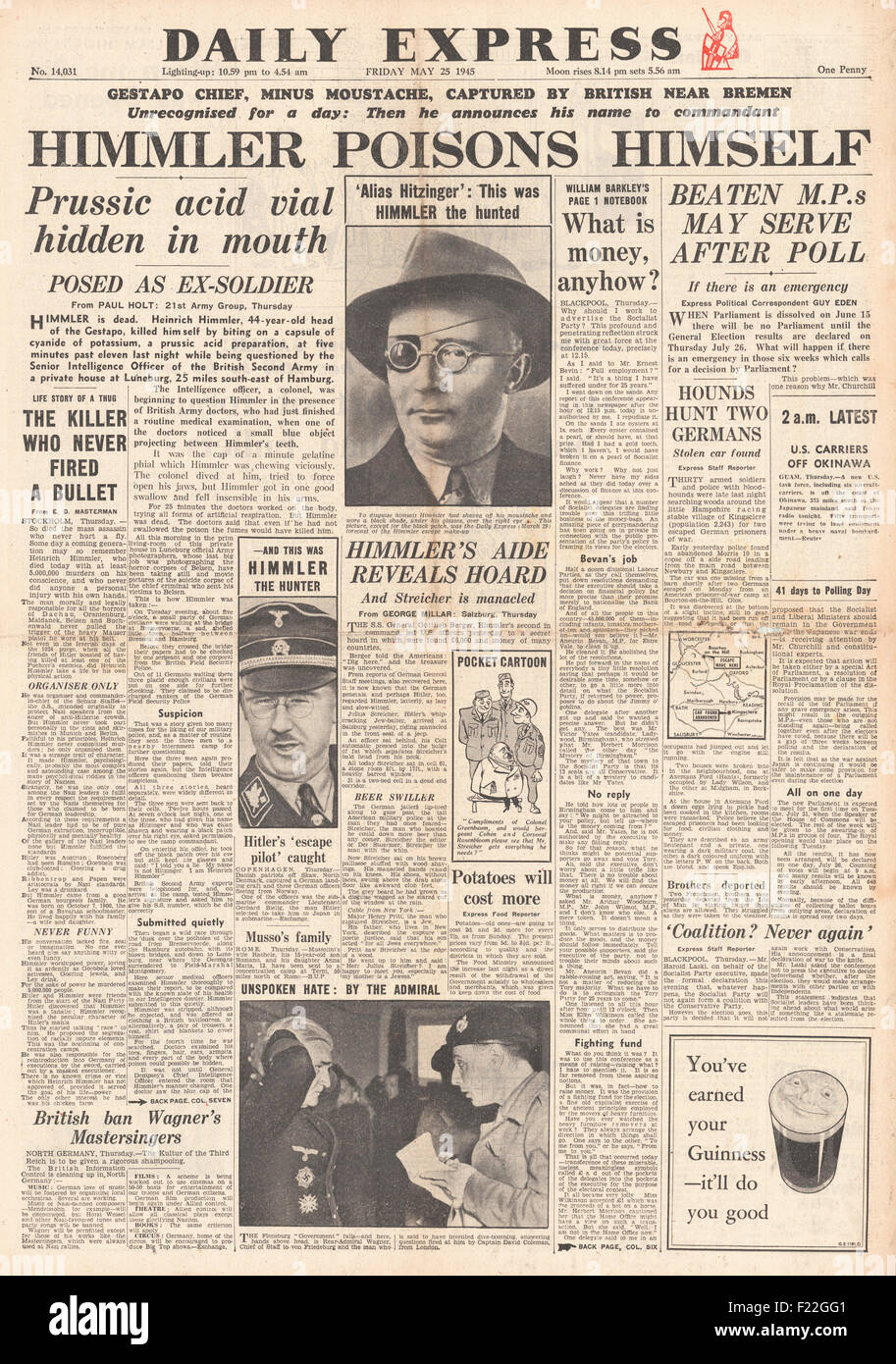 1945 Daily Express Startseite Berichterstattung Heinrich Himmler beging Selbstmord während in britischer Haft Stockfoto