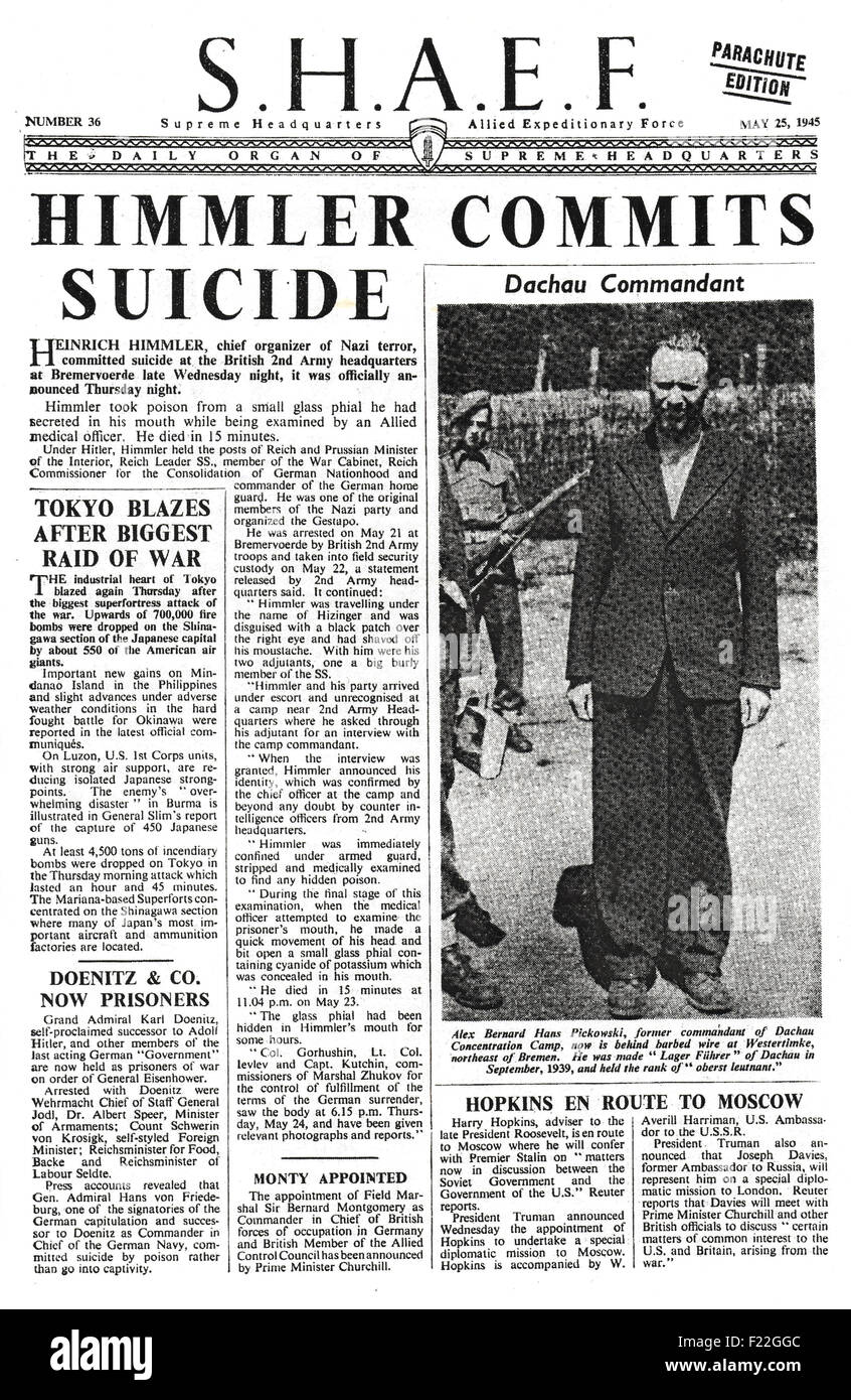 1945 S.H.A.E.F Zeitung Startseite Berichterstattung Heinrich Himmler beging Selbstmord während in britischer Haft Stockfoto