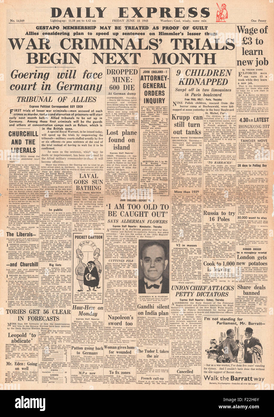 1945 daily Express Titelseite Berichterstattung Kriegsverbrecherprozesse zu beginnen Stockfoto