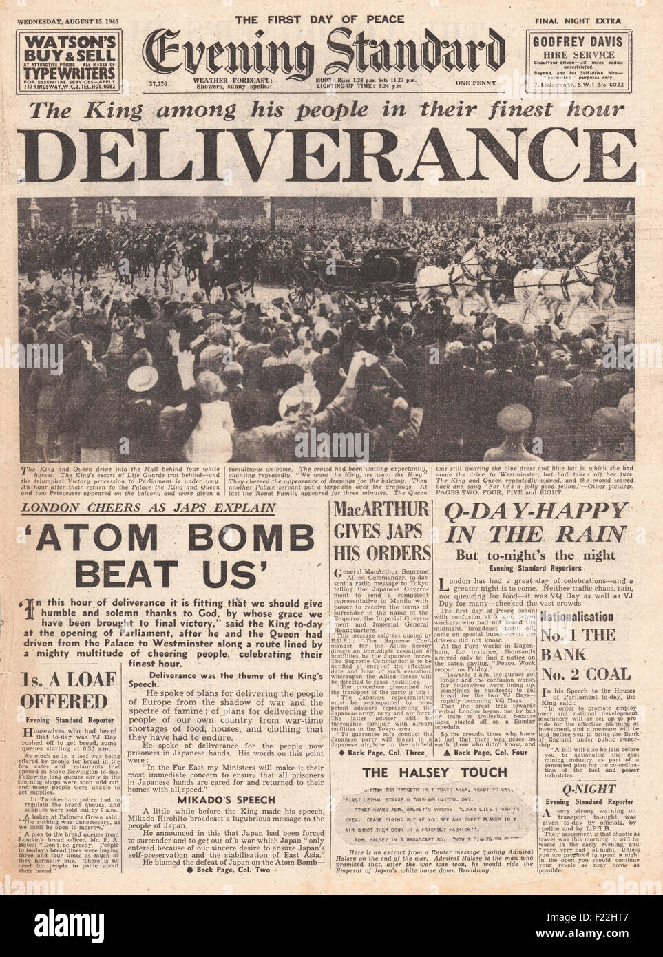 Evening Standard (London) Titelseite 1945 Ende des zweiten Weltkriegs und VJ Day Berichterstattung Stockfoto