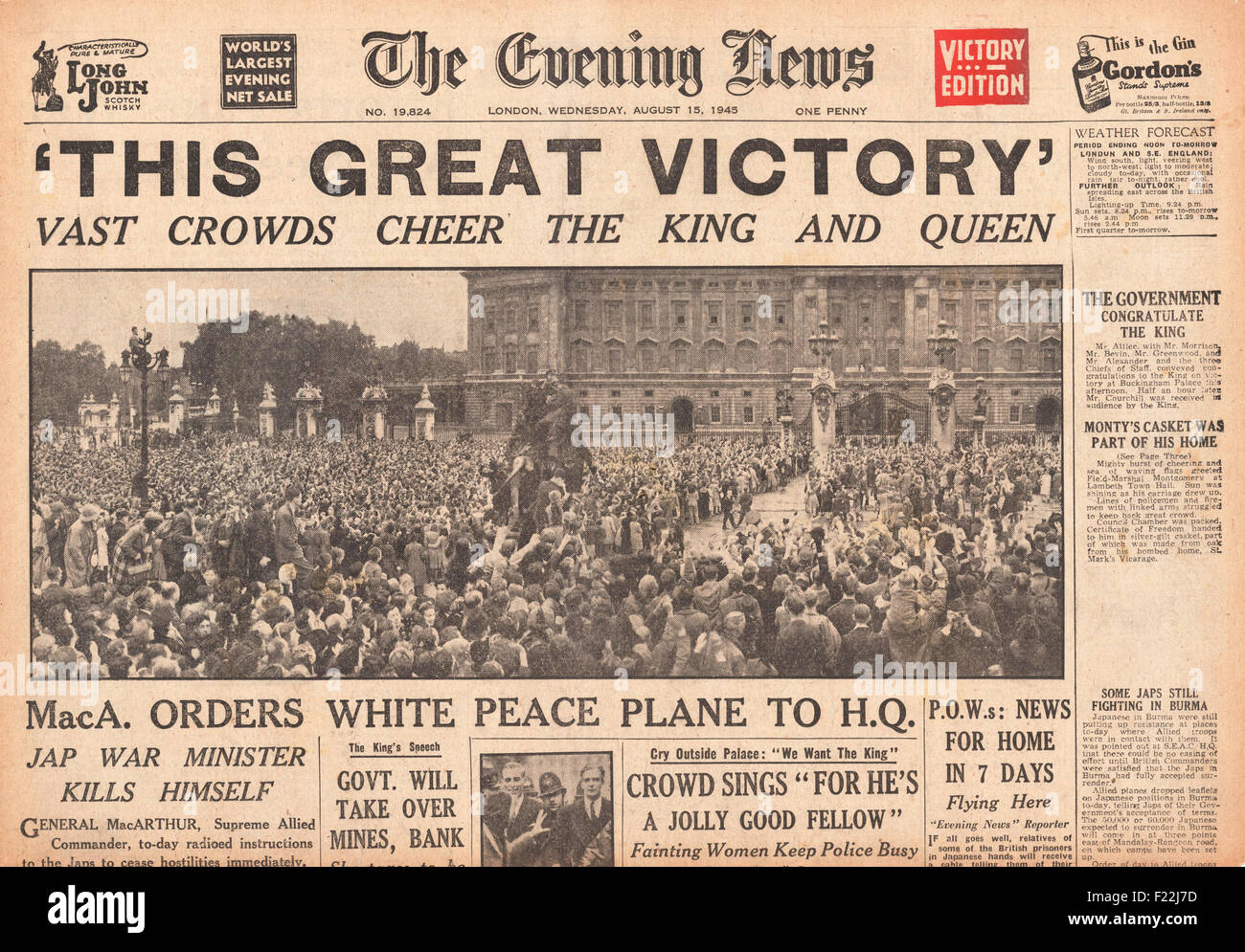 1945 Titelseite Evening News (London) berichtet das Ende des zweiten Weltkriegs und VJ Day Stockfoto