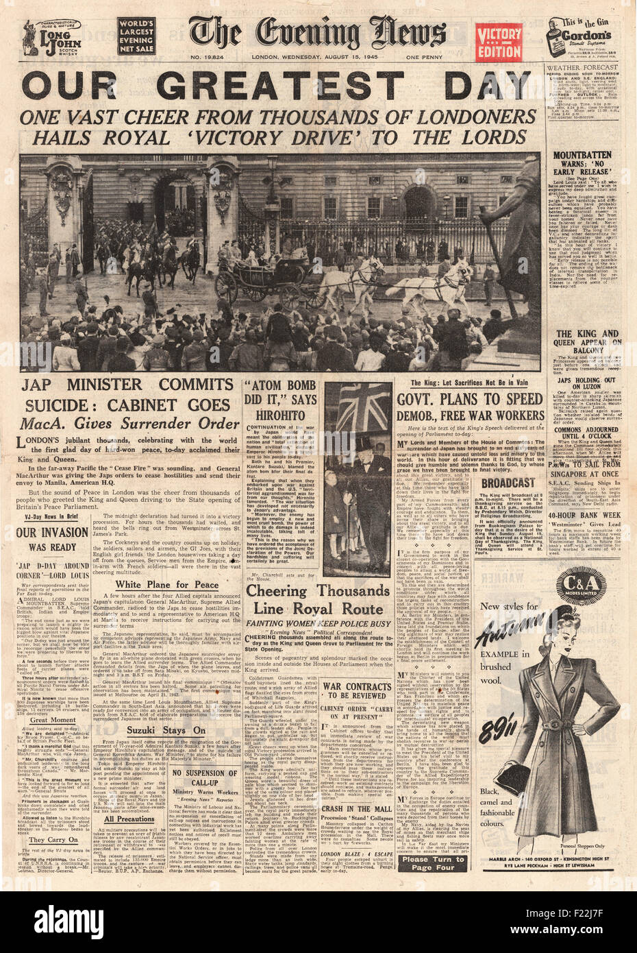 1945 Titelseite Evening News (London) berichtet das Ende des zweiten Weltkriegs und VJ Day Stockfoto