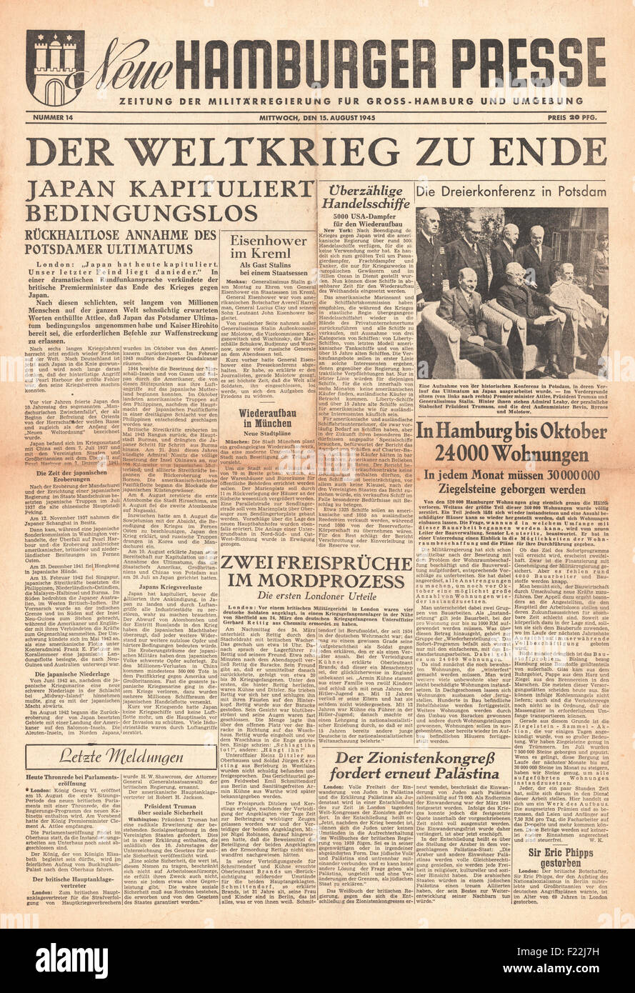 1945 Neue Hamburger Presse Startseite Berichterstattung zum Ende des zweiten Weltkriegs und VJ Day Stockfoto