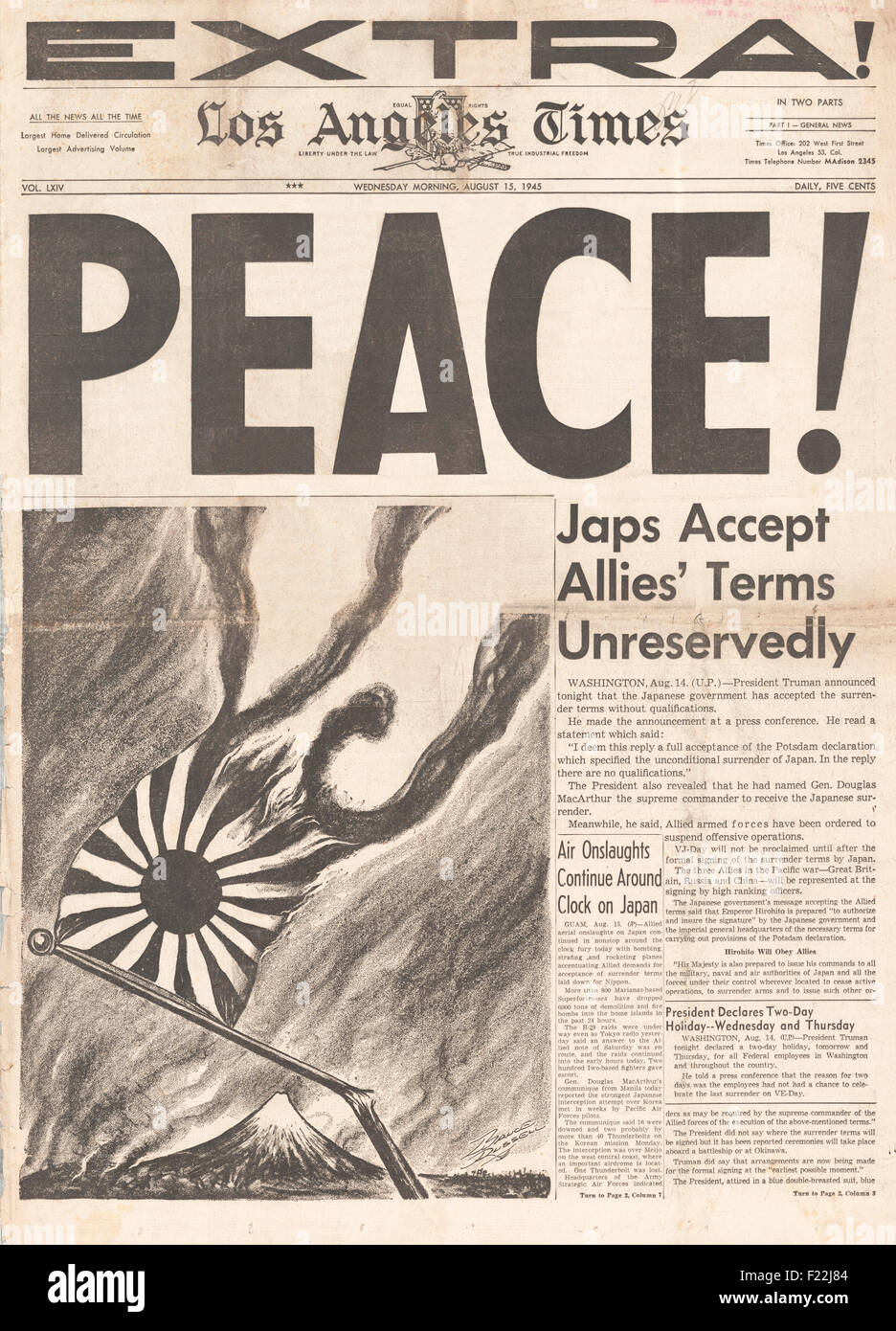 1945 Los Angeles Times Titelseite Berichterstattung zum Ende des zweiten Weltkriegs und VJ Day Stockfoto