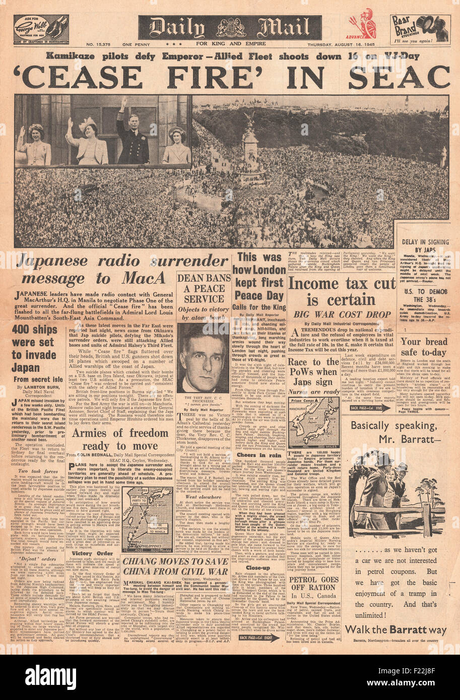 1945 Tagespost Titelseite Berichterstattung VJ Day Feierlichkeiten in London und vollständige Waffenruhe in Südost-Asien Stockfoto