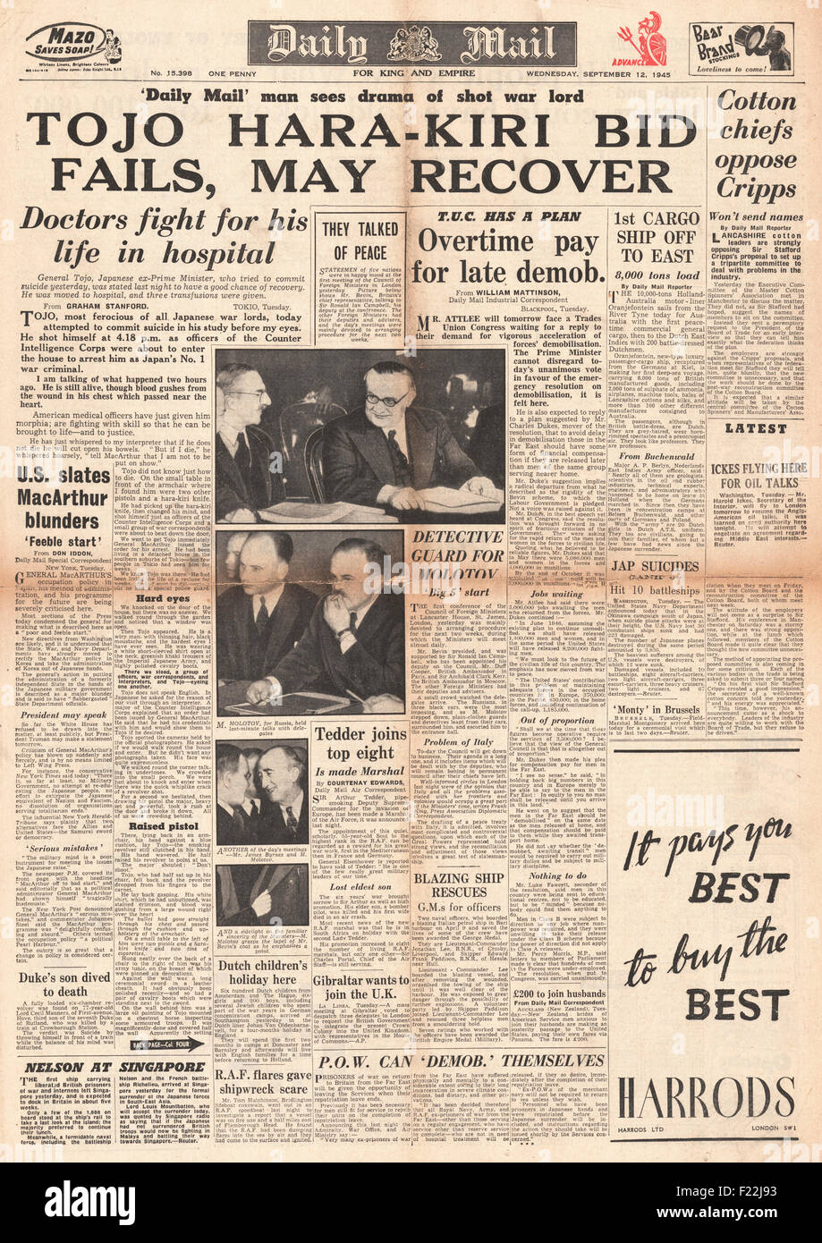 1945 Tagespost Titelseite Berichterstattung der Selbstmordversuch von Hideki Tojo Stockfoto