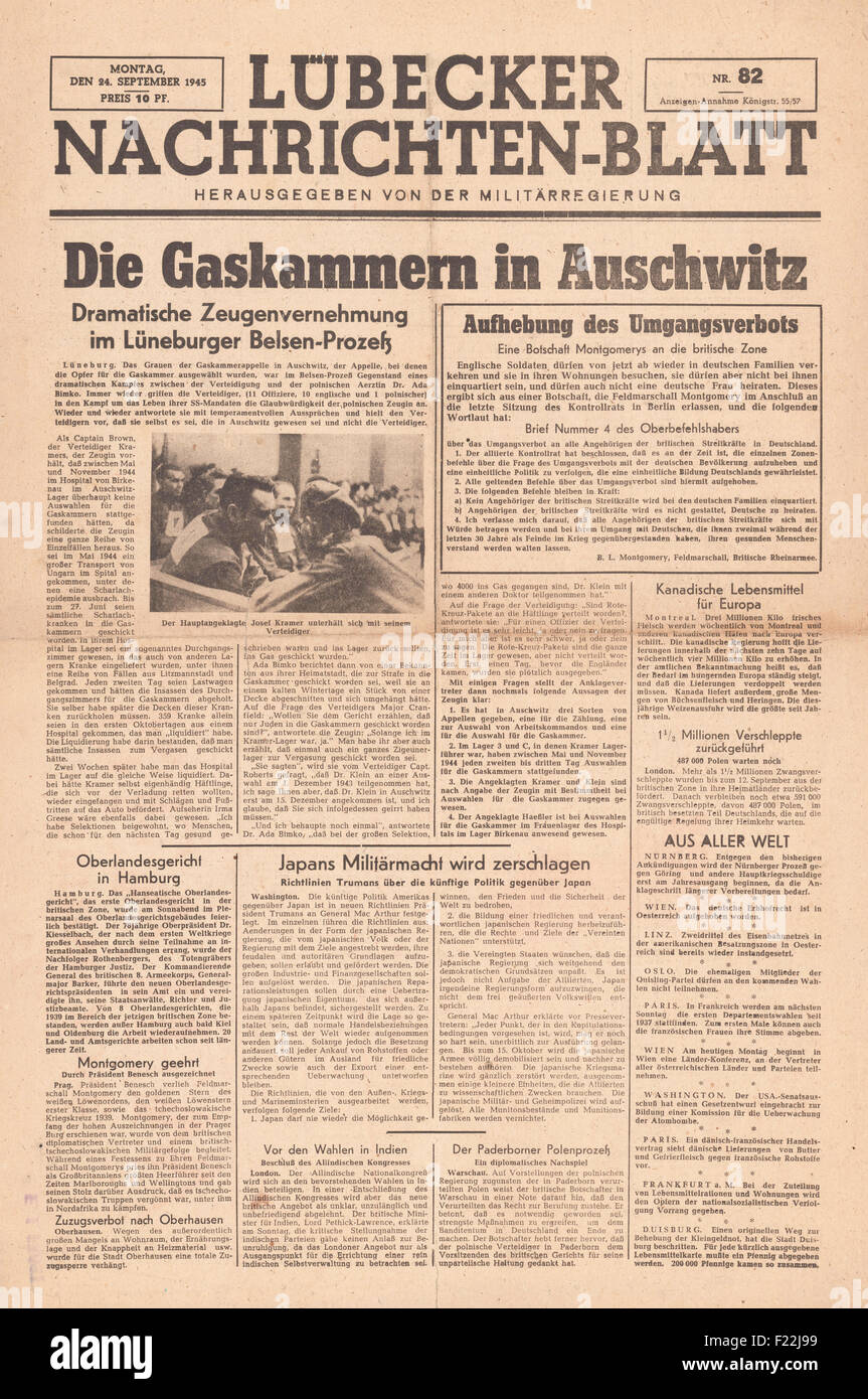 1945 Lübecker Nachrichten-Blatt-Startseite Meldung von Bergen-Belsen-Prozess und Verweis auf die Gaskammern in Auschwitz Stockfoto