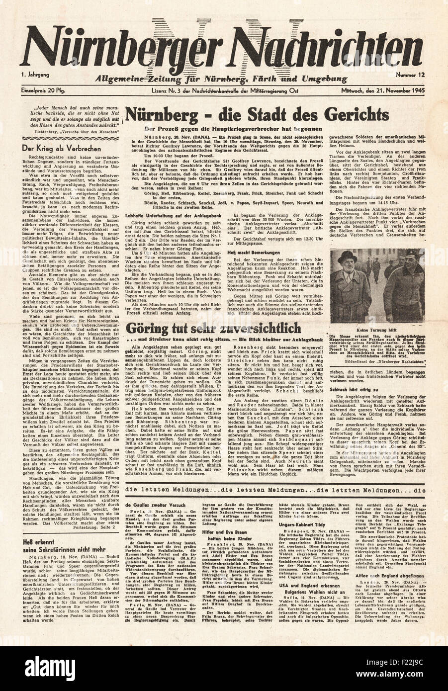 1945 Nürnberger Nachrichten Front Seite Berichterstattung Nürnberg zu Host Kriegsverbrecherprozesse Stockfoto