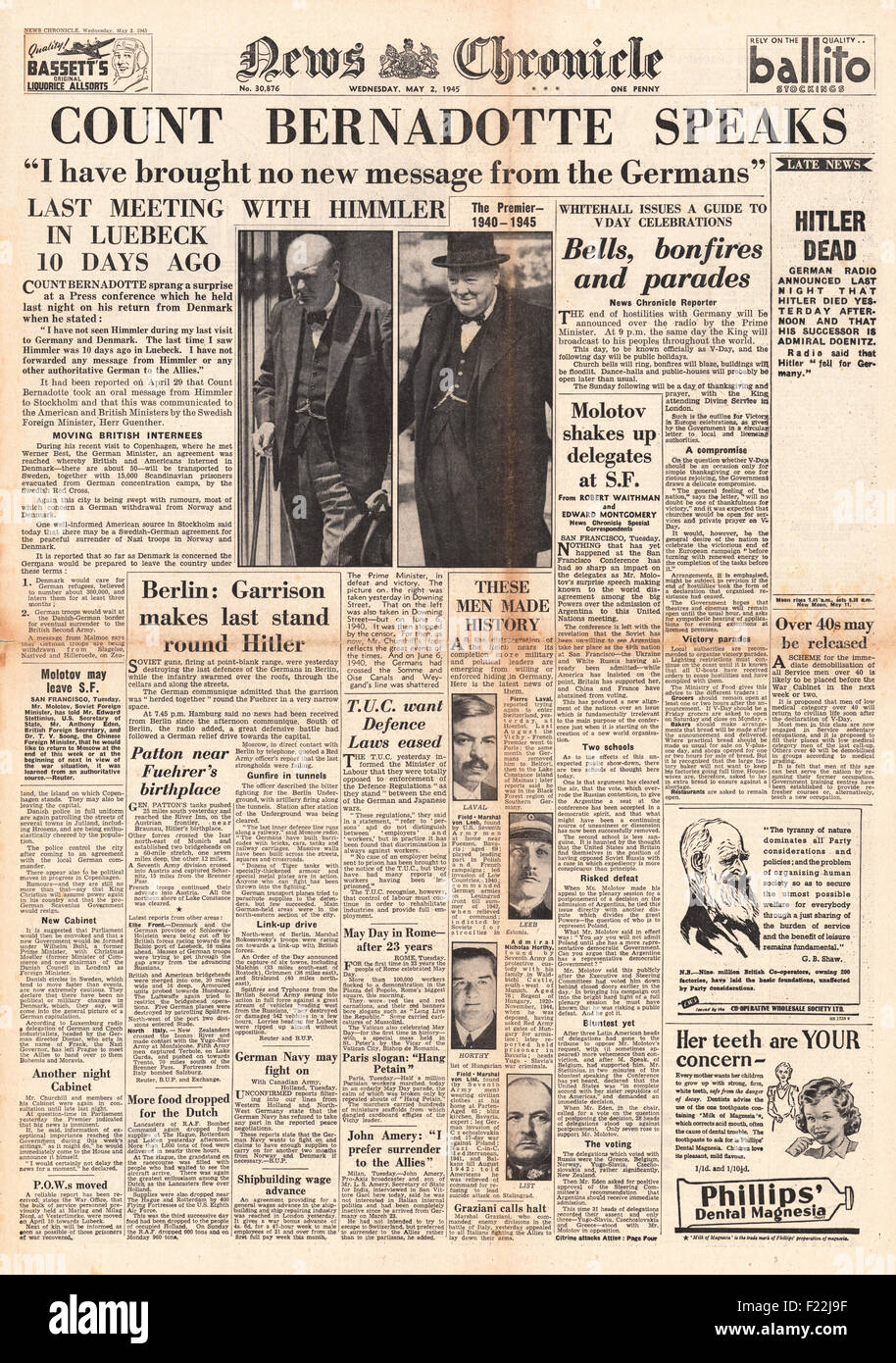1945 News Chronicle Titelseite Berichterstattung Graf Bernadotte Friedensverhandlungen Stockfoto
