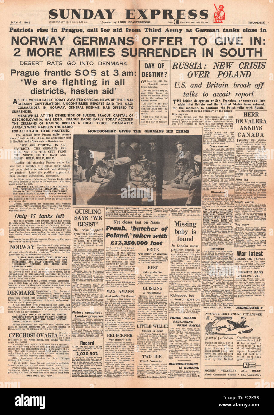 1945 Sunday Express Titelseite Kapitulation in Norwegen unterstellt deutsche Kräfte bieten Stockfoto