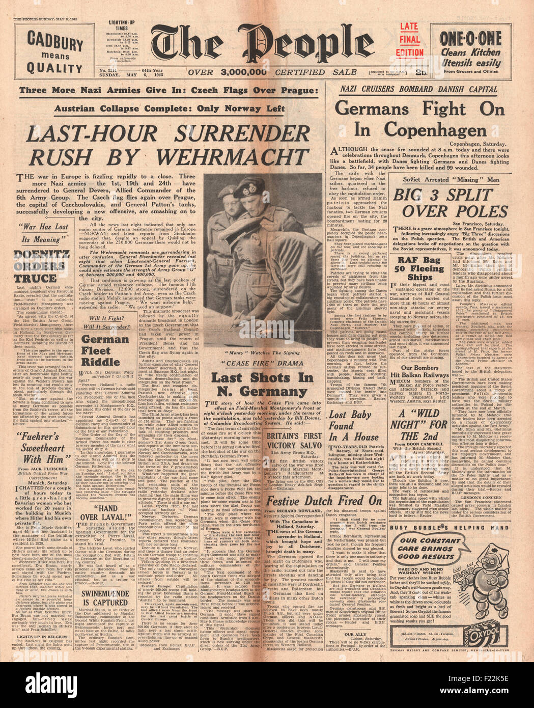 1945 die Volksfront Seite Berichterstattung Kapitulation der deutschen Wehrmacht und deutsche Truppen kämpfen in Kopenhagen Stockfoto