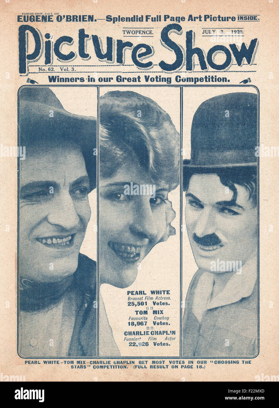 1920-Bild zeigen, Charlie Chaplin, Tom Mix & Perlweiß Stockfoto