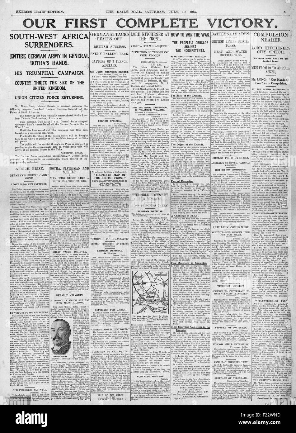 1915 Daily Mail Deutsche Kapitulation von Südwestafrika Stockfoto