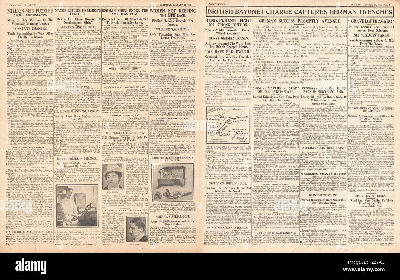 1915 Daily Sketch Bajonettladungen der britischen Armee auf deutschen Schützengräben Stockfoto