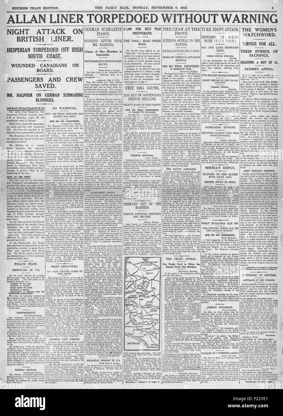 1915 Daily Mail RMS Hesperian versenkt von German Submarine SM U20 Stockfoto